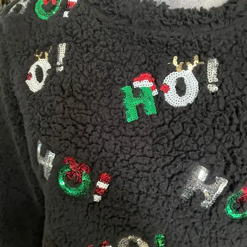 Chance or Fate Black Sherpa Christmas HO HO Sequin Holiday Sweater Pullover M
