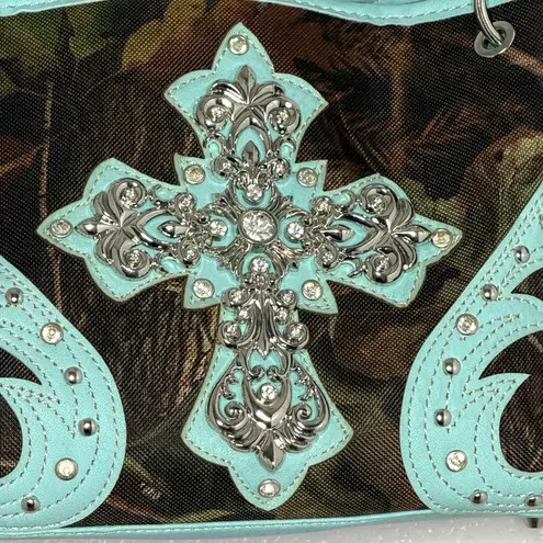 Heritage West Blue Green Camouflage Rhinestone Cross Western Double Strap Purse