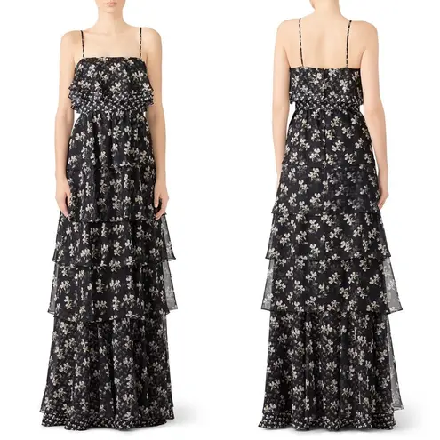 Jill Stuart Jill Black Floral Printed Kiera Ruffle Gown Suze 8
