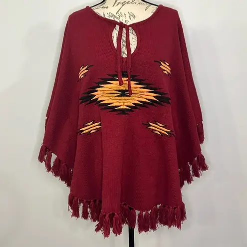 TASI Malibu sweater poncho with tassel fringe and southwest/aztec embroidery M