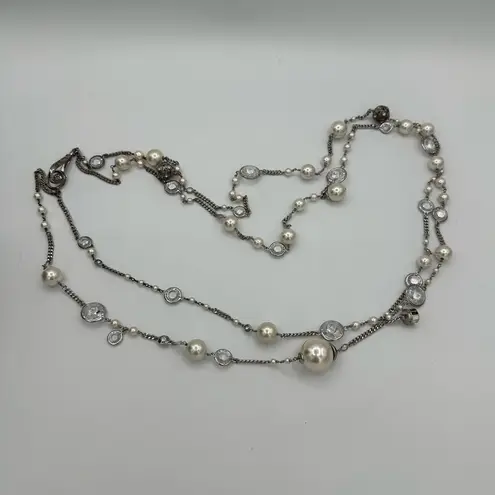 Henri Bendel Socialite Long Double Strand Silver Chain Necklace Charms Pearls