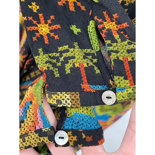 Farm Rio Flowy Maxi Dress Macaw Island Tropical Cross Stitch Print Long Sleeve S