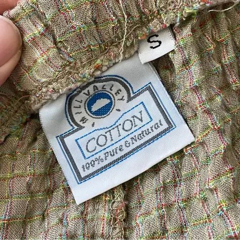 Mill Valley Pants check crinkle straight leg pull on womens Olive small natural Green