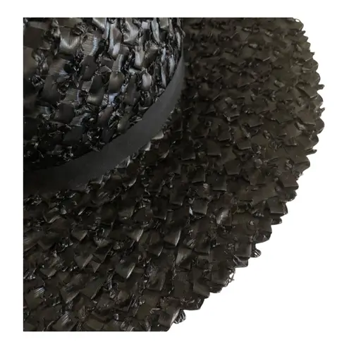 Vintage Suzy Hat Black Woven Straw Wide Brim With Ribbon Accent Women's Medium