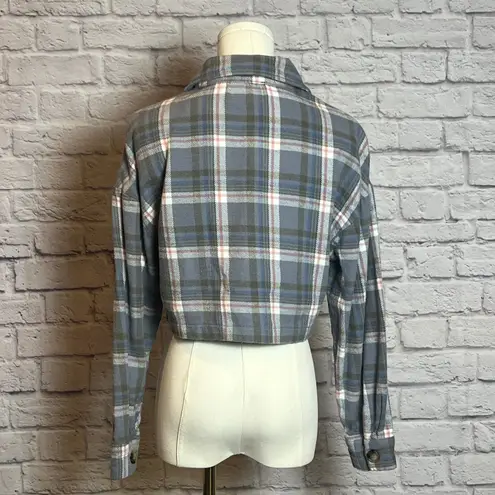 Timing  Cropped Plaid Button-Up Jacket Gray Blue Check Size Small