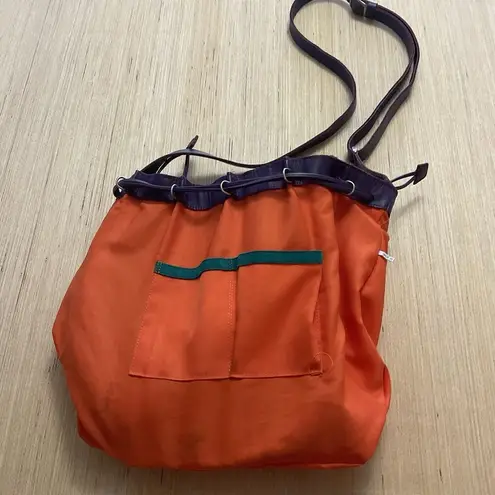 MYWALIT Crossbody Drawstring Stripe Purple Orange Green Leather Suede Purse Bag