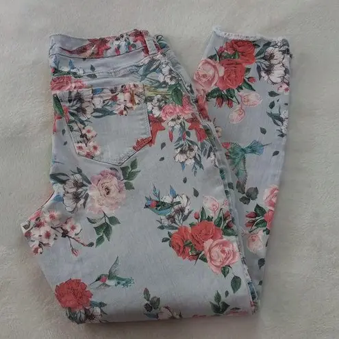 Vintage America Light Blue Floral & Hummingbird Print Boho Skinny Ankle Jeans Size undefined