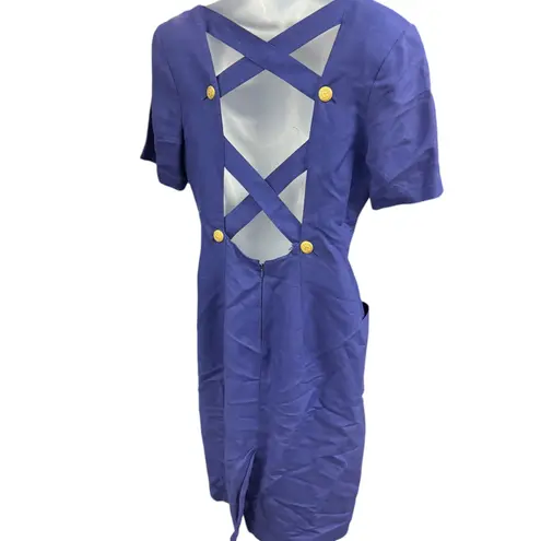 Geary Roark Kamisato Linen Dress Open Back Gold Button Detail Size 14* Blue