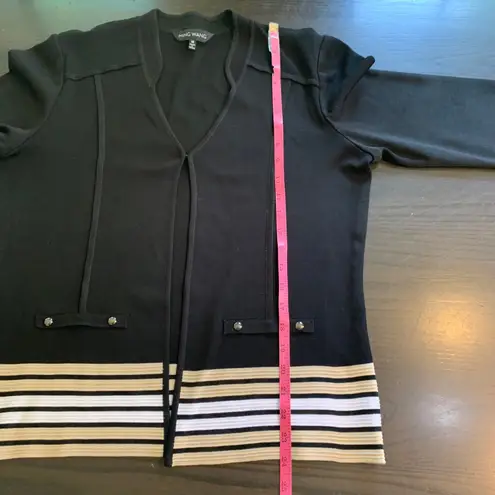 Ming Wang Black Knit Jacket Medium 3/4 Sleeve Striped Hem Metal Buttons Classic