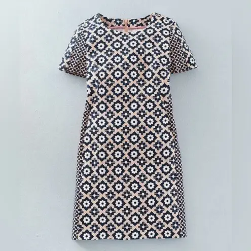 Boden Pippa Geo Floral Print Stretch Cotton Shift Dress Blush & Navy Blue Sz 10