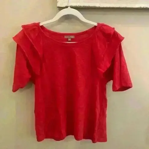 Lilla P Loose Knit Slub Elbow Sleeve Ruffle Crewneck size Small Preppy Luxury Red