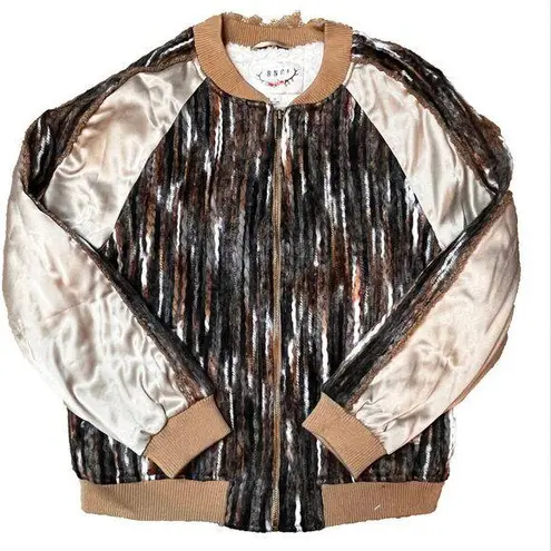 BNCI Boundless North Clothing Intl Brown Bomber Jacket Boho Unique SZ S Satin