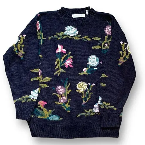 Vintage 90s Crewneck Sweater Navy Light Pink Blue Knit Dark Floral Pearl Detail