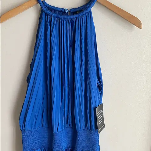 Boston Proper  Pleated High Neck Blouson Blue Midi Dress