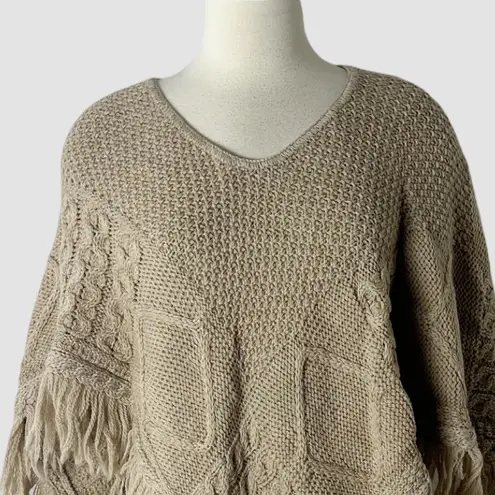 Aran Crafts Ireland Merino Wool Fringe Cable Knit Poncho Tan One Size Sweater