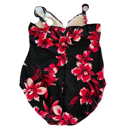 MiracleSuit Red Floral Ruched Soft Cup One Piece Swimsuit Size 10 Slimming