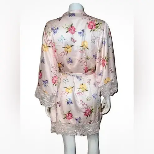 NWT INC Pink Butterfly Floral Lace Trim Wrap Robe Medium