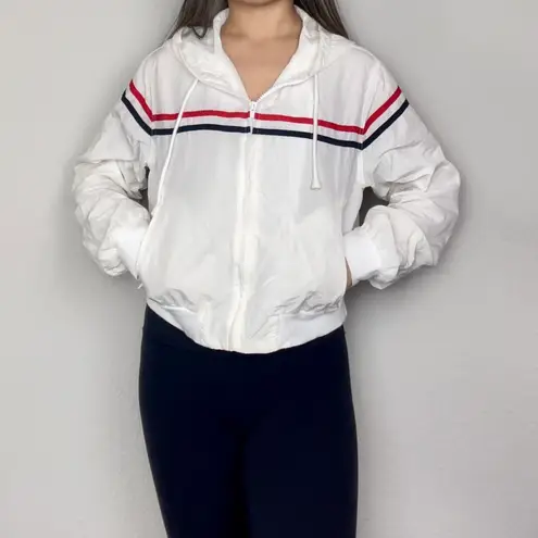 John Galt White Red & Blue Striped Windbreaker Zip-Up Hooded Drawstring Jacket