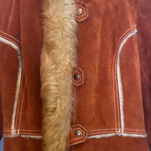 Vintage Rust Colored Suede Coat w/ Faux Fur Trim Snap Closure Sz XS Lined Hooded