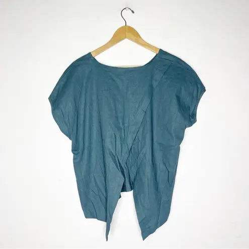 Vigorella Australia Linen Teal Short Sleeve Blouse Size Small Blue