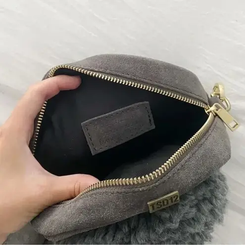 TSD12 Suede Leather Pompom Circle Crossbody Bag in Grey Retail $373