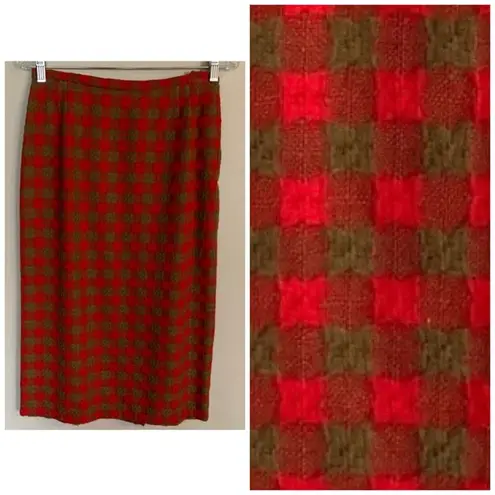 Vintage | Virgin Wool Cadillac Original Red Green Checked Midi Skirt Small