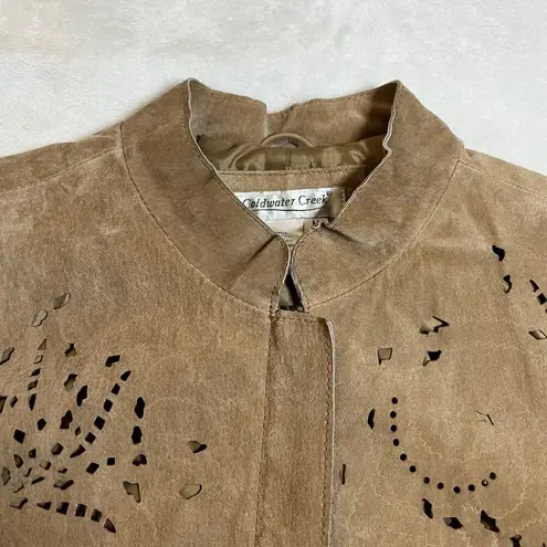 Coldwater Creek Suede Full Zip Jacket Size Med Laser Cutout Knit Ribbed Sleeves