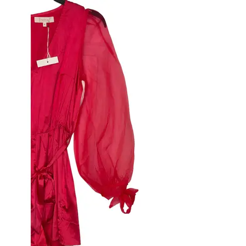 Fanco Women Romper Sheer V Neck Lace Long Sleeve Tie Waist Red Sz. Medium NWT