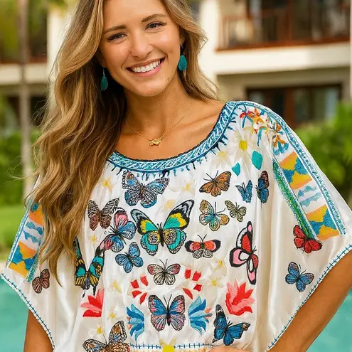 Johnny Was Vanny heavily Embroidered Satin Butterfly Blouse NWT