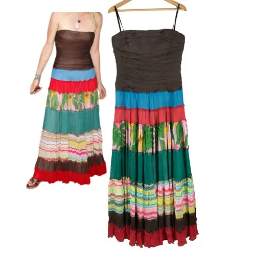 Strapless Silk Floral Beaded Chiffon Patchwork Boho Maxi Dress M/L Size undefined