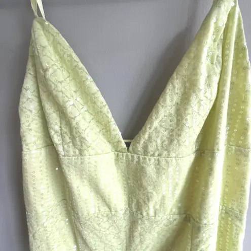 Line and Dot Lime Green Sequin Gown Spaghetti Strap Evening Dress Formal Party