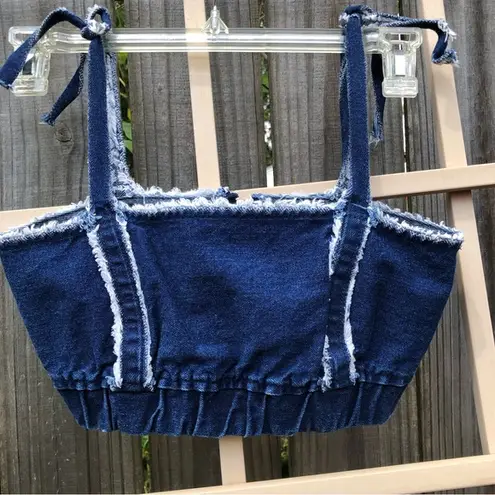 ZARA TRF DENIM CROP BRA FRAYED TOP XS