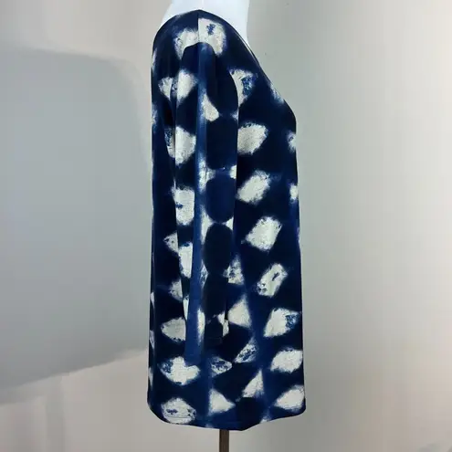 Clara Sun Woo Top Small Blue Green Gray Artsy Pattern Jersey Stretch 3/4 Sleeve