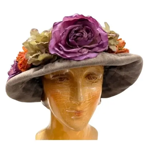 šø VTG 80sā90s Corduroy Garden Party Hat Floral Trim Green