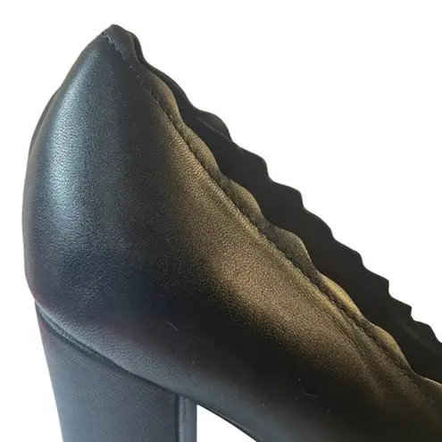 Crown Vintage Willow Black Leather Retro Scalloped Block Heel Pump Womens Size 9
