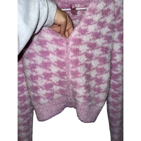 SKIMS Houndstooth pink and white sherpa zip up size medium