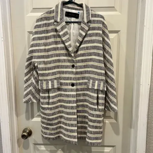 ZARA  Long Line Striped‎ Gray Coat  Pockets Women's Size Medium Bloggers Favorite