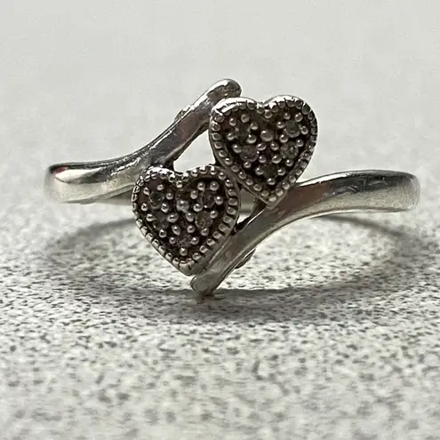 Sterling Silver Double Diamond Heart Size 7 Promise Ring Dainty Stamped 925