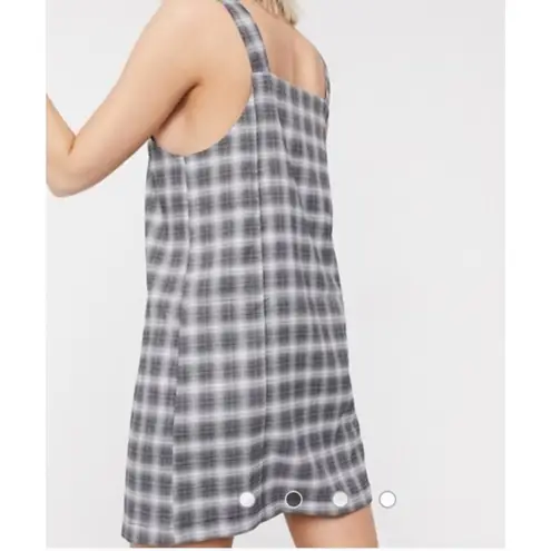 Monki  Dress Womens Small Grey White Plaid Wrap Buckle Tie Pinafore Mini ASOS