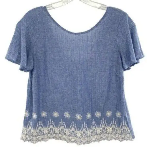 Cottagecore Eyelet Embroidered Chambray Button Back Top Blue Size M