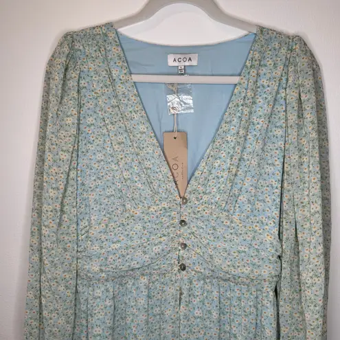 ACOA Maxi Light Blue Floral Puff Long Sleeve Dress NWT Size L