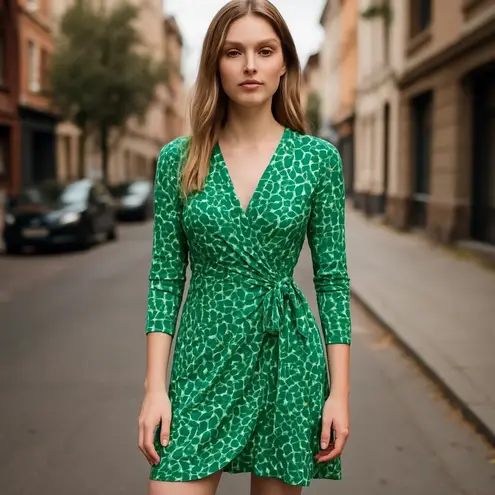 BCBGMAXAZRIA Green Geo Print Wrap Dress Long Sleeve Women's Size S