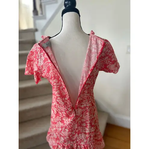 Bella Tu Coral Pink & White Blue Tassel Floral Block Print Ruffle Hem Dress Size M