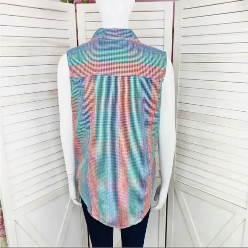 Bill Blass Check Color Block Sleeveless Button Front Shirt Multicolor Small