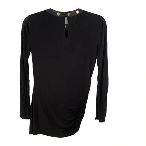 St. John Leather Trim Crepe Viscose Jersey Mesh Sleeve Shirt Black Size XS NWT