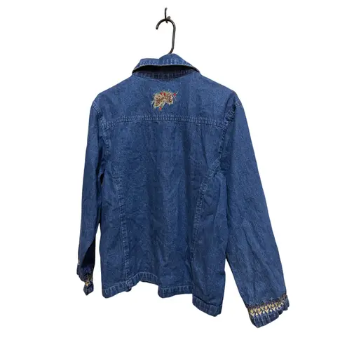 North Crest Womens Denim Jacket Blue Embroidered Pinecone Red Berries XL