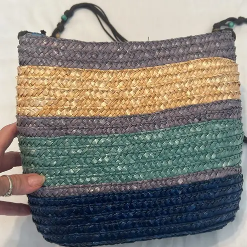 Nouveau Multicolor Woven Straw zip top Crossbody Bag extra long strap GUC Blue