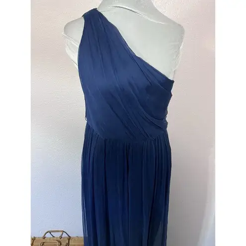 Amsale Sz 10 Navy Blue Silk Dress Formal One Shoulder Classic Bridesmaid Long