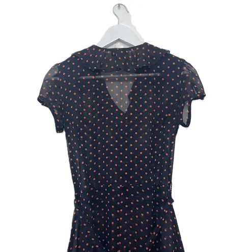 MSK Dress Size 4 Polka Dot Navy Pink Faux Wrap Ruffle Midi Short Sleeve Blue