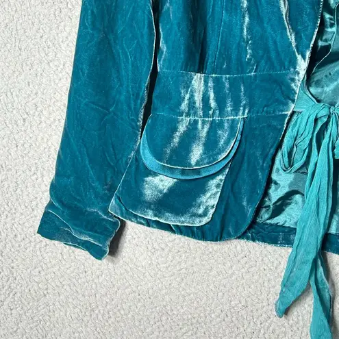 Moon Blazer Womens S Turquoise 100% Silk Velvet Tie Front Formal Blazer Green